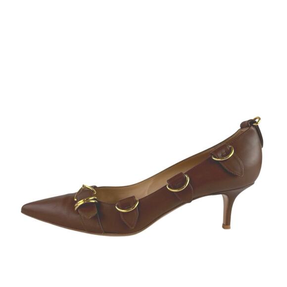 Gianvito Rossi Clash 55 Brown Leather Pointed Toe Buckle Slip On Heels Pumps 11 - Picture 1 of 8